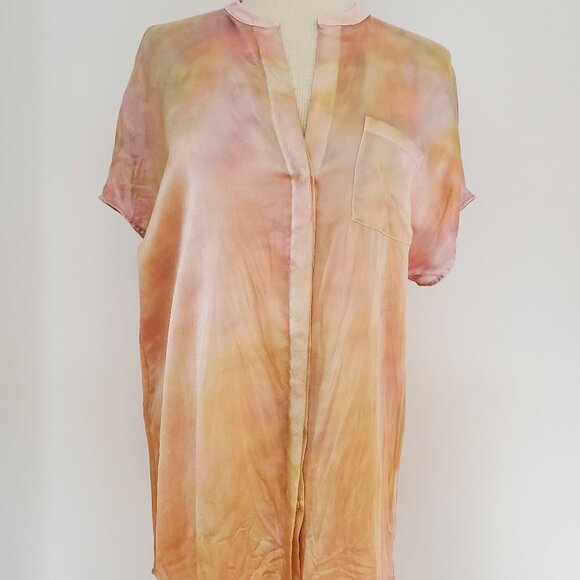 NEW Vince Silk button shortsleeve shirt beige blue pink green ivory painted M L - Picture 2 of 9